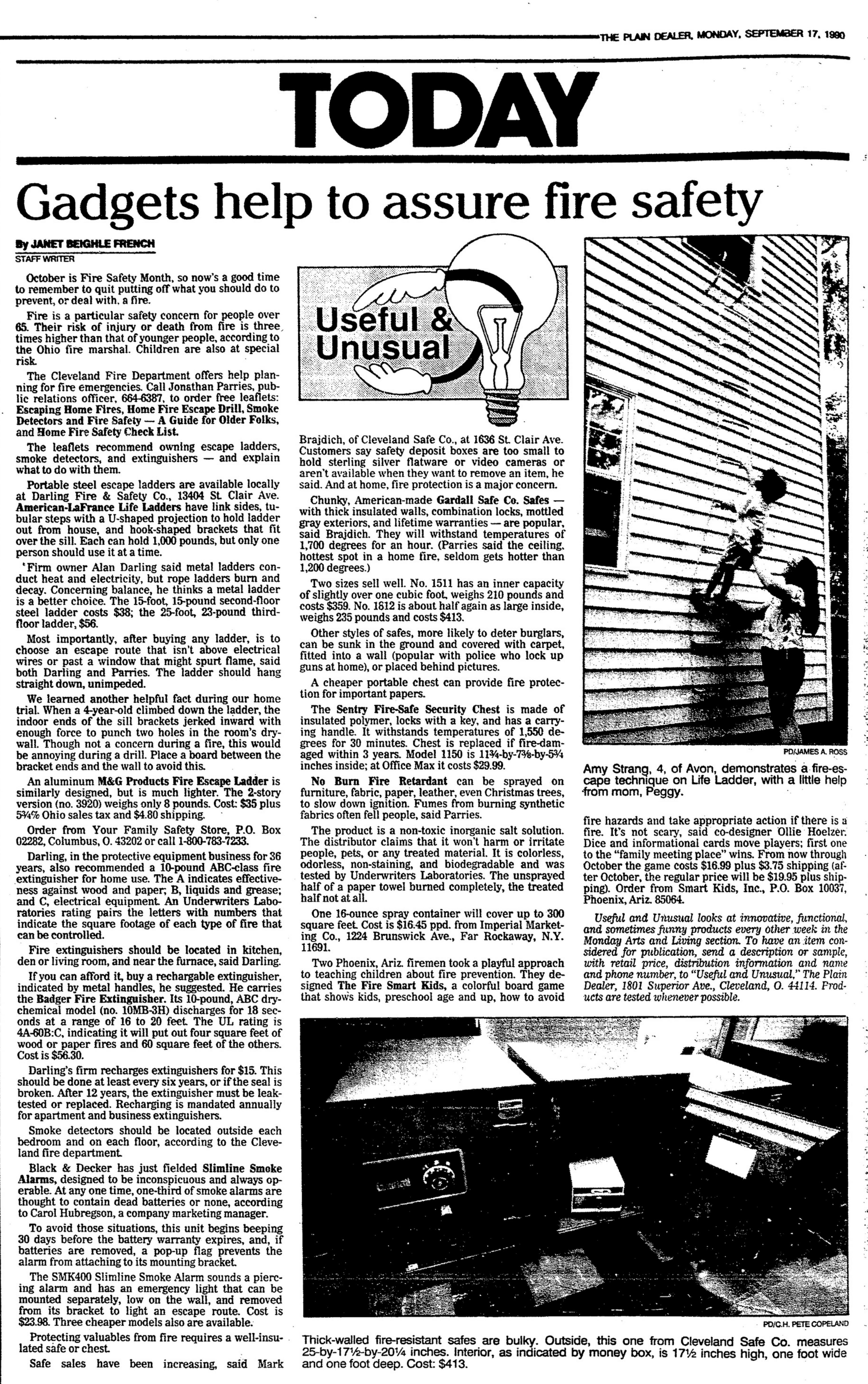 Plain Dealer archive clipping about fire safety products